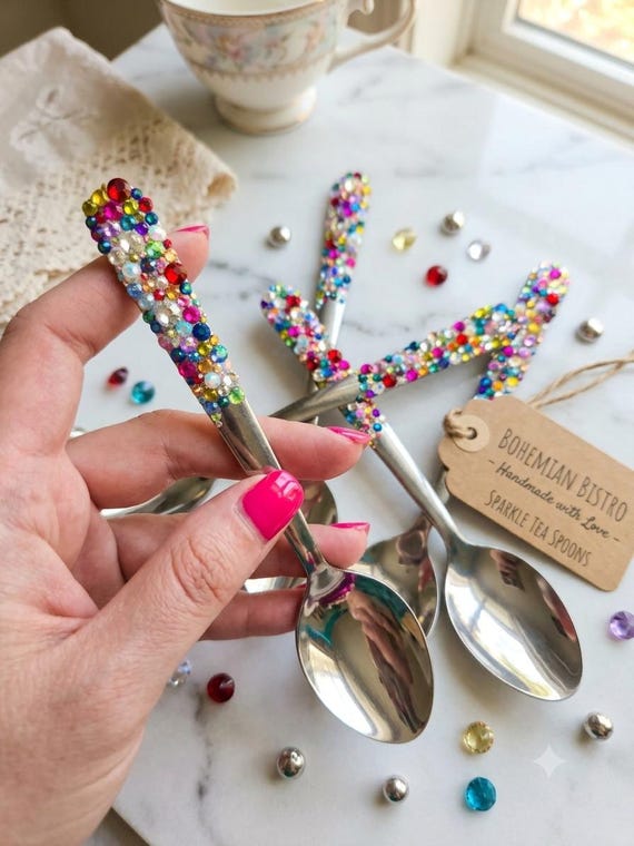 Hand-Embellished Teaspoon, Colorful Glass Rhinestone Coffee Spoon, Handmade Tea Station Decor (1 count)