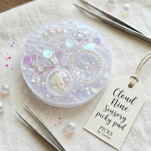 May include: A round, white sensory pad with embedded iridescent beads, sequins, and charms. Features a small, clear dome with a white duck figurine. A tag reads "Cloud Nine Sensory picky pad" with "PICKS by Leslie".