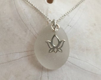 white frosted sea glass lotus necklace, sea glass and lotus flower necklace, sea glass necklace, beach wedding, bridal bridesmaids gift
