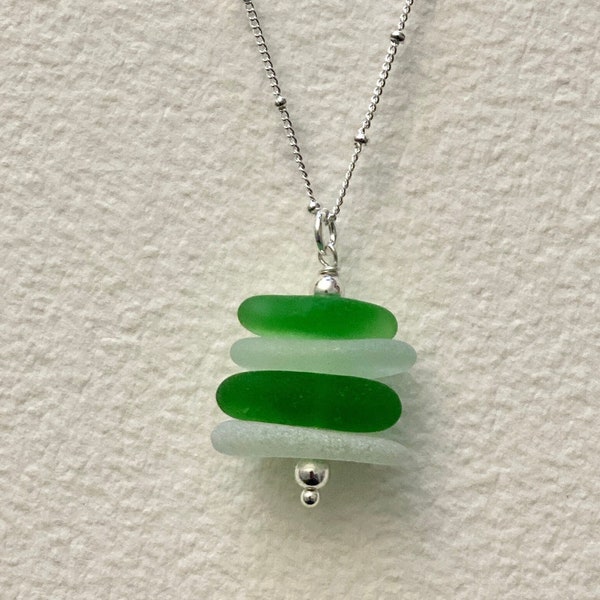 Atlantic White & Green Sea Glass Cairn Sterling Silver Necklace, Sea Glass Cairn Necklace, Cairn Necklace, Stacked Atlantic Sea Glass, Cairn