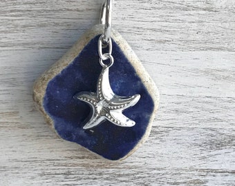 Cobalt Blue Sea Pottery Necklace, Atlantic Sea Pottery Necklace, Cobalt Sea Necklace, Beach Bridal Wedding, Starfish Sea Pottery Necklace