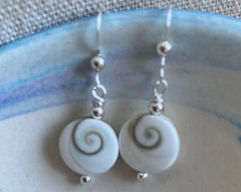 Sterling Silver Eye of Shiva Sea Shell Earrings, Beach Bridal, Sea Shell Wave Earrings, Wave Sea Shell Earrings, Bridesmaid Earrings