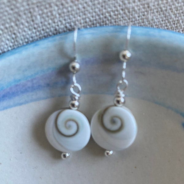 Sterling Silver Eye of Shiva Sea Shell Earrings, Beach Bridal, Sea Shell Wave Earrings, Wave Sea Shell Earrings, Bridesmaid Earrings