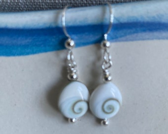 Sterling Silver Eye of Shiva Sea Shell Earrings, Beach Bridal, Sea Shell Wave Earrings, Wave Sea Shell Earrings, Bridesmaid Earrings