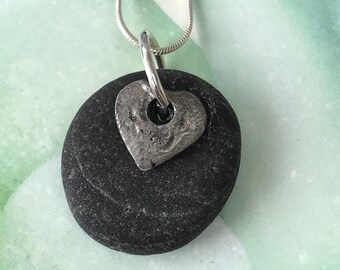 Love, Maine beach stone heart necklace, heart necklace, beach stone necklace, beach wedding, bridal beach, beach heart necklace