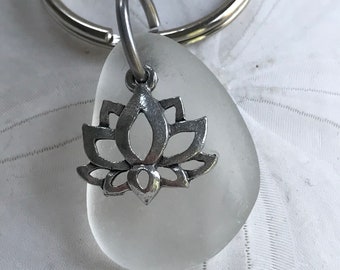 white sea glass lotus flower keychain, Yoga, sea glass key fob, new car sea glass keychain, first home keychain, OOAK sea glass keychain