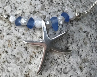 Atlantic cornflower blue sea glass pearl necklace, sea glass pearl necklace, bridal bridesmaid, beach wedding, bridal jewelry