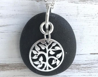 petite beach stone tree of life necklace, Kennebunk beach stone necklace, Maine beach stone necklace, tree of life necklace, beach stone