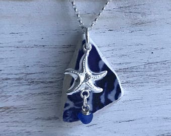 Cobalt Blue Sea Glass and Sea Pottery Necklace, Atlantic Sea Necklace, Cobalt Necklace, Beach Bridal Wedding, Starfish Sea Pottery Necklace