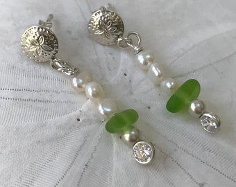 authentic green sea glass earrings, sea glass pearl earrings, green sea glass earrings, bridal bridesmaid beach wedding