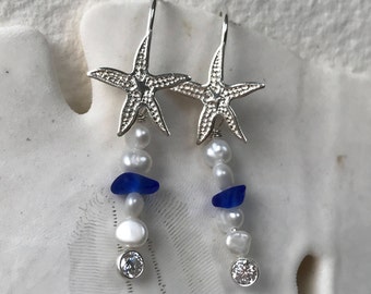 sterling silver starfish cobalt blue sea glass pearl earrings, sea glass earrings, blue sea glass earrings, bridal bridesmaid beach wedding