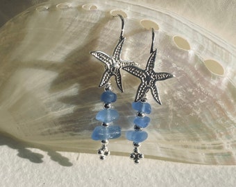 sterling silver starfish cornflower blue sea glass earrings, sea glass earrings, blue sea glass earrings, bridal bridesmaid beach wedding