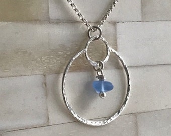 blue sea glass sterling silver eclipse necklace, rare blue sea glass necklace, sea glass hammered necklace, bridal beach theme wedding