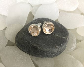 elegant pink faceted czech glass stud earrings, silver plated czech glass pink post earrings, silver czech glass stud earrings
