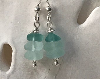 stacked sterling sea glass earrings, aqua sea glass earrings, bridal sea glass earrings, bridesmaid gift, beach wedding, cairn earrings