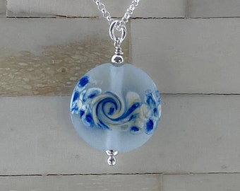Fog and Sea Sterling Silver Lamp work bead necklace, ocean wave necklace, ocean jewelry, beach necklace, frosted blue and white ocean wave,