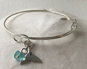 Whale's Tail charm with sea glass bracelet, sterling silver charm silver adjustable bangle bracelet, choice of sea glass, sea glass bracelet