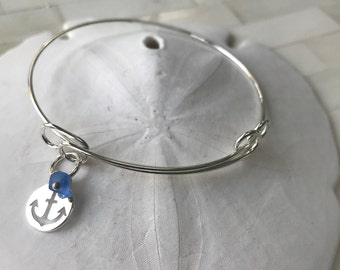 sailors nautical anchor with sea glass bracelet, silver bronze charm silver adjustable bangle bracelet, choice of sea glass bracelet