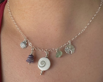 Sterling Silver Sea Inspired Charm Necklace, Sea Glass Necklace, Ocean Necklace, Beach Bridal Necklace, Beach Wedding, Mother's Day Necklace