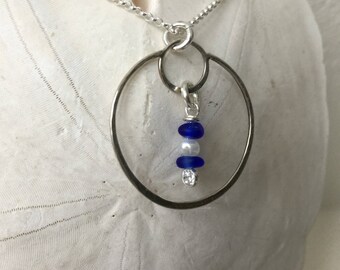 sea glass pearl sterling silver eclipse necklace, blue Maine Sea glass necklace, sea glass hammered necklace, bridal beach wedding