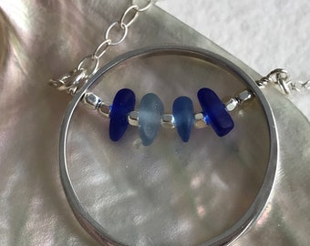 blue sea glass sterling silver circle infinity necklace, authentic blue sea glass necklace, sea glass necklace, bridal beach wedding gift