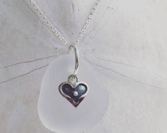 authentic white sea glass sterling heart necklace, sea glass necklace, sterling heart sea glass necklace, sea glass necklace, beach wedding