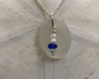 Atlantic white sea glass necklace, sea glass cobalt blue sea glass pearl necklace, white sea glass necklace, bridal bridesmaid beach wedding
