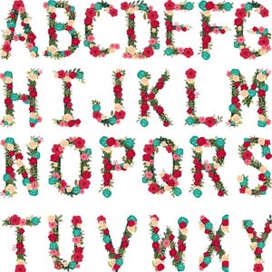 May include: A full alphabet of floral letters, each meticulously crafted with red, teal, and cream-colored flowers. The letters are arranged in rows, showcasing a decorative and botanical design, perfect for personalized crafts or decor.