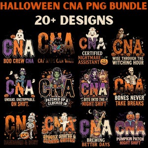May include: A digital bundle of 20+ Halloween-themed CNA graphic designs featuring the text CNA in various fonts and colors. The illustrations include ghosts, skeletons, cats, owls, and pumpkins with phrases like Boo Crew, Night Shift, and Spooky Shifts.