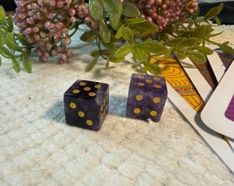Pink Moon Charged Amethyst Crystal Dice Set of 2 | Natural Gemstone 6-Sided Dice with Gold Dots |  D6 | Oracle Altar Dice | DND