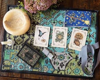 Earthy Tarot Deck Wrap Bag | Green Brown Teal Reading Cloth (18x13 inches)