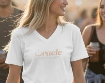 Oracle Magick Supply Witchy V-Neck Tee | Women's White Graphic Shirt | Mystical Gift for Her | Tarot Lover Top