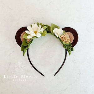 Corona de flores con orejas de oso - Diadema con orejas de osito de peluche