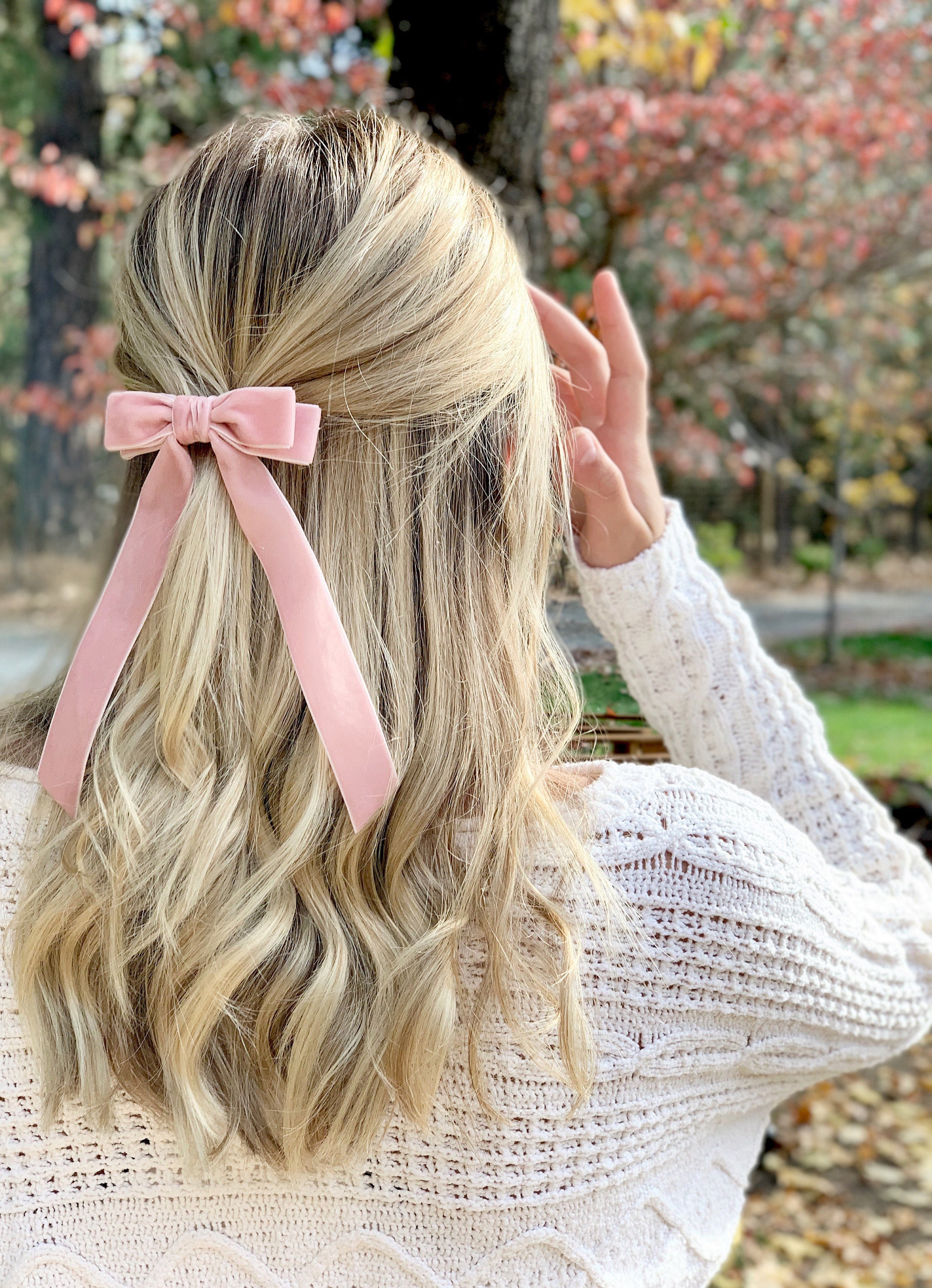 Velvet Bow - long bow - barrette or hair tie