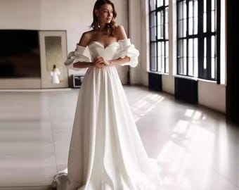 Brautkleid aus Spitze, Schulterfrei, Weißer Satin Braut, Vintage Prinzessinnen-Look