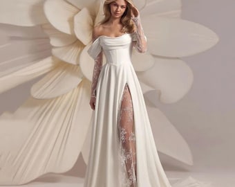 Satin off-shoulder Brautkleid mit Spitzenärmeln für moderne Hochzeiten.