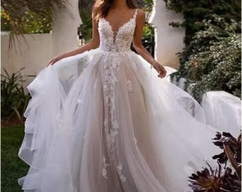 Boho Brautkleid, A-Linie Brautkleid, rückenfreie Spitze, Spaghetti-Träger Braut