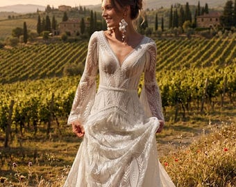 Boho Lace Brautkleid, V-Ausschnitt ärmellose Boho Braut Outfit, rustikale Landzeremonie Look, Strandspitze Brautstil