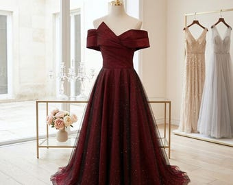 Roter funkelnder Abschlussball A-Linie Tüll, weg von der Schulter Pailletten Prinzessin Ballkleid, Fee formeller Abend, Hochzeitsgast Outfit