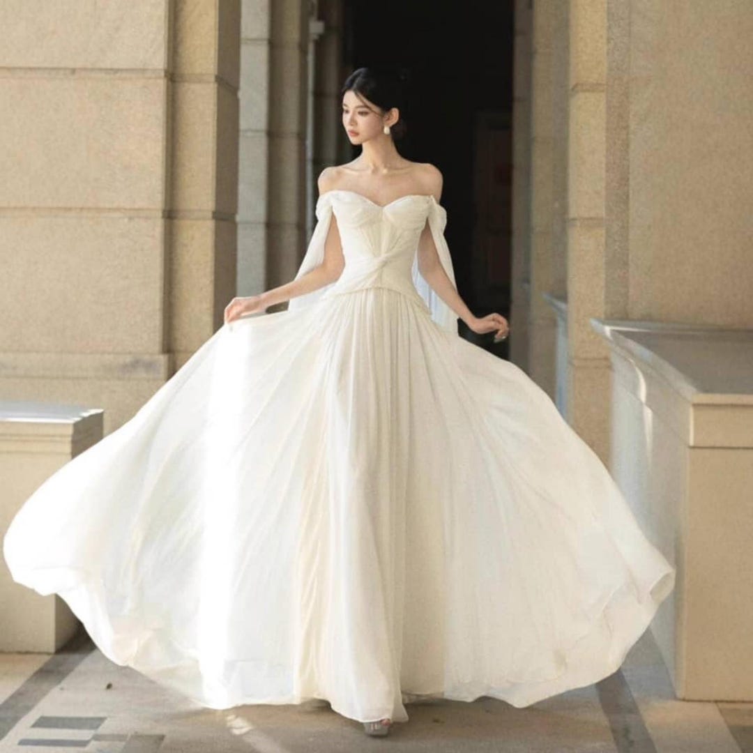 Off Shoulder A Line Wedding Gown, Romantic Draped Design, Cape Sleeve ...