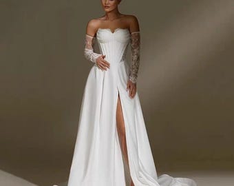 Schulterfrei Spitze Chiffon A-Line Braut mit Schlitz, Boho Braut Outfit, Strand Zeremonie Look, Custom Boho Braut Kleid
