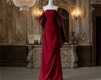 Satin Abendkleid schulterfrei Ballkleid, elegante Maxi Abendkleidung, luxuriöser Abendlook, Hochzeitsgast Outfit, Brautparty-Kleidung
