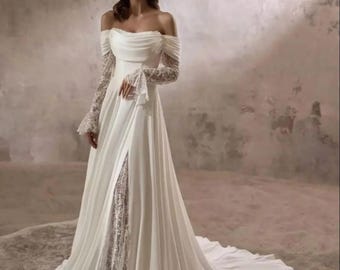 Eleganter Winter-Hochzeitslook, Spitzenkorsett-Design, Fließendes Satin-Gerichtshaus-Outfit, Boho-Romantischer-Empfangs-Märchenstil