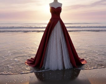 Trägerloses Hochzeitskleid - Rotes Satin-Glitzer-Tüllkleid - Hochgeschlitzte A-Linie Elegante Abendgarderobe für die Braut.