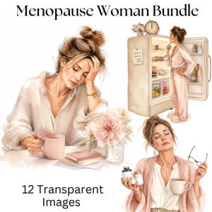 Könnte beinhalten: Aquarell-Illustrationspaket mit dem Titel "Menopause Woman Bundle" mit 12 transparenten Bildern. Die Bilder zeigen eine Frau in verschiedenen Szenarien, darunter das Halten einer Tasse, das Betrachten eines Kühlschranks und das Halten von Medikamenten. Die Farbpalette umfasst sanfte Rosa-, Weiß- und Brauntöne.