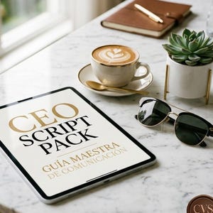 Puede incluir: Una tableta que muestra "CEO SCRIPT PACK" y "GUÍA MAESTRA DE COMUNICACIÓN" está sobre una superficie de mármol, junto a una taza de café, gafas de sol, una planta suculenta y un cuaderno. El café tiene un diseño de arte latte.