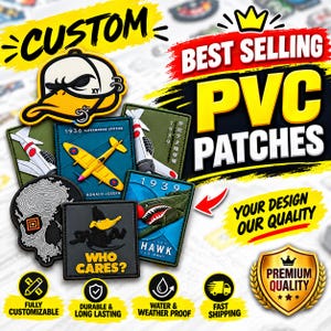 Peut inclure: Une collection d'écussons en PVC rectangulaires et de formes variées présentant divers motifs graphiques, dont un canard jaune, un avion Supermarine Spitfire, un crâne topographique et un avion à gueule de requin avec le texte Who Cares et Hawk.