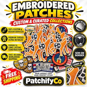 May include: A collection of embroidered patches featuring various designs including orange dogs with stars, skulls, space themes, and text logos. The image includes labels for custom design services, premium thread, durable construction, and attachment options.