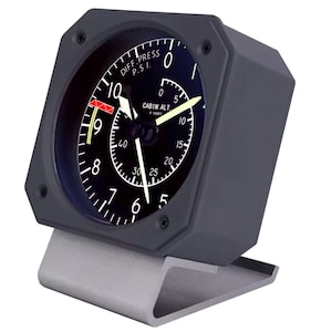 Peut inclure: Une horloge grise sur le thème de l'aviation avec un cadran noir affichant les lectures de pression et d'altitude. L'horloge a des chiffres et des aiguilles blancs et est montée sur un support gris. Le cadran indique "DIFF. PRESS P.S.I." et "CABIN ALT. x 1000FT."