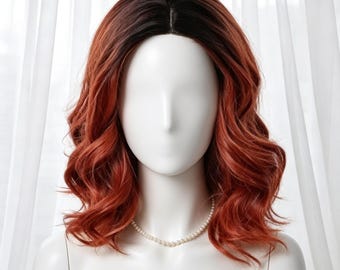 Customization，Ombre Auburn Wavy Bob Wig - Heat Resistant Synthetic Short Wig, Natural Black to Red Hair for Cosplay  Daily Wear